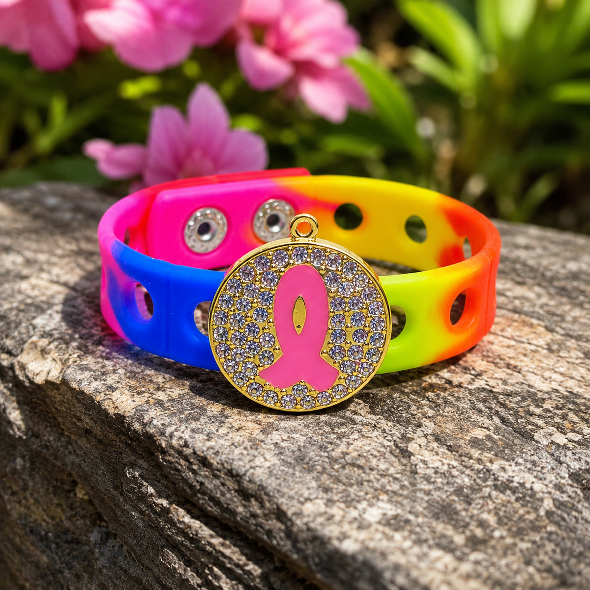 π Vibrant breast cancer awareness bracelet featuring a sparkling pink ribbon charm on a colorful silicone band designed to inspire hope, strength, and support.