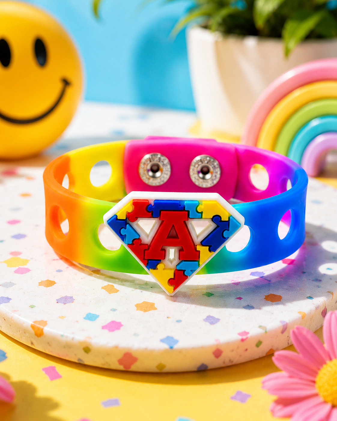 π Bright autism awareness bracelet featuring a colorful puzzle superhero emblem and rainbow silicone band. Inspiring, fun, and perfect for everyday support and inclusion.