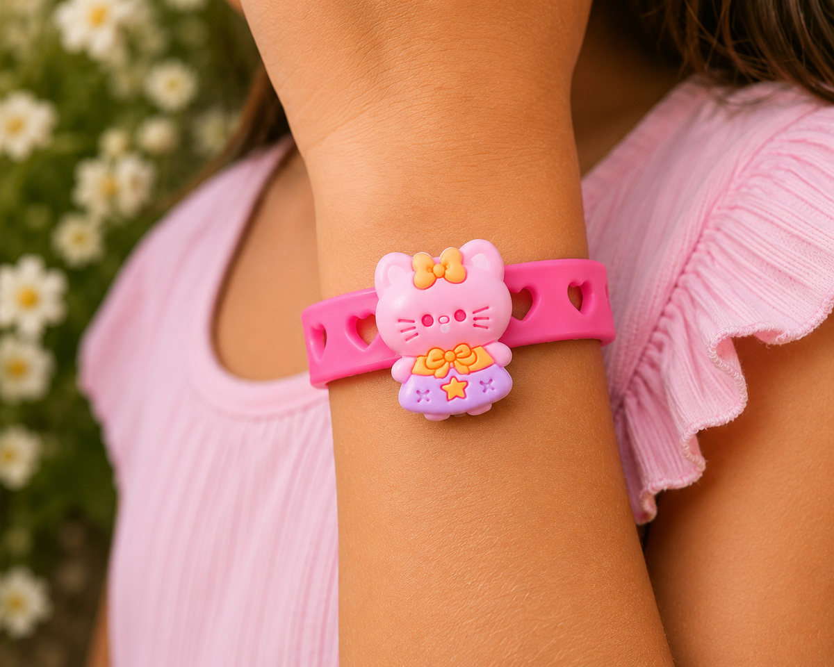 π Cute pink kitty charm bracelet with heart cutouts, soft silicone band & adjustable fit. Perfect kawaii accessory for kids, gifts & everyday style!