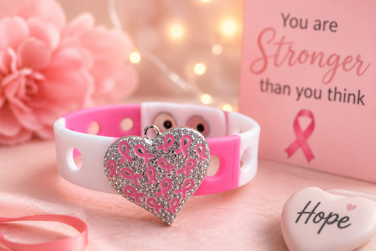 🎀 Elegant breast cancer awareness bracelet featuring a rhinestone heart charm and adjustable pink-and-white silicone band. Inspiring, stylish, and meaningful.