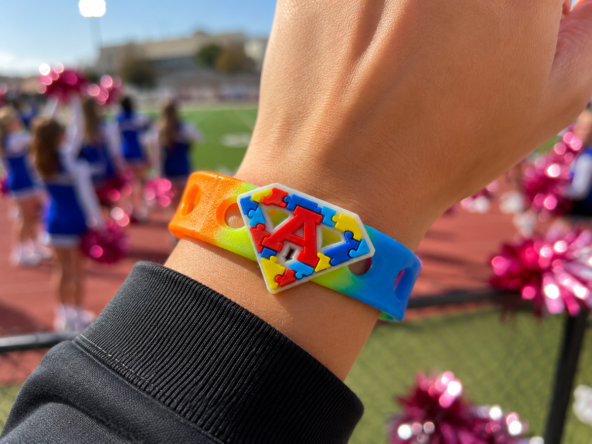 Celebrate autism awareness and acceptance with the Autism Superhero Bracelet. Features a colorful puzzle-piece emblem, rainbow band, and adjustable snap-lock fit.