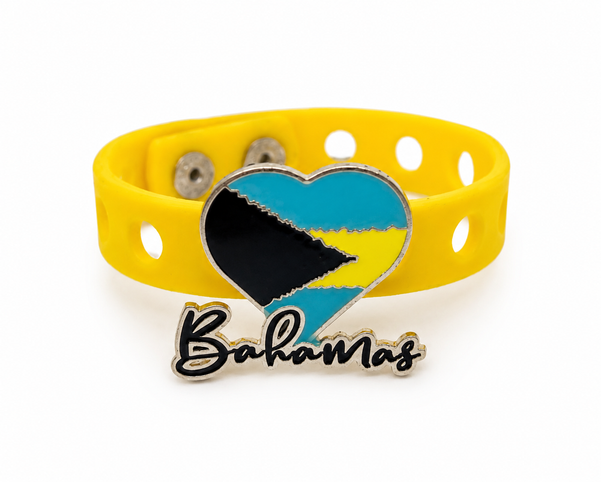 🌴 Tropical Bahamas-inspired bracelet featuring a heart-shaped Bahamas flag charm and vibrant yellow silicone band. Lightweight, stylish, and perfect for island vibes every day.