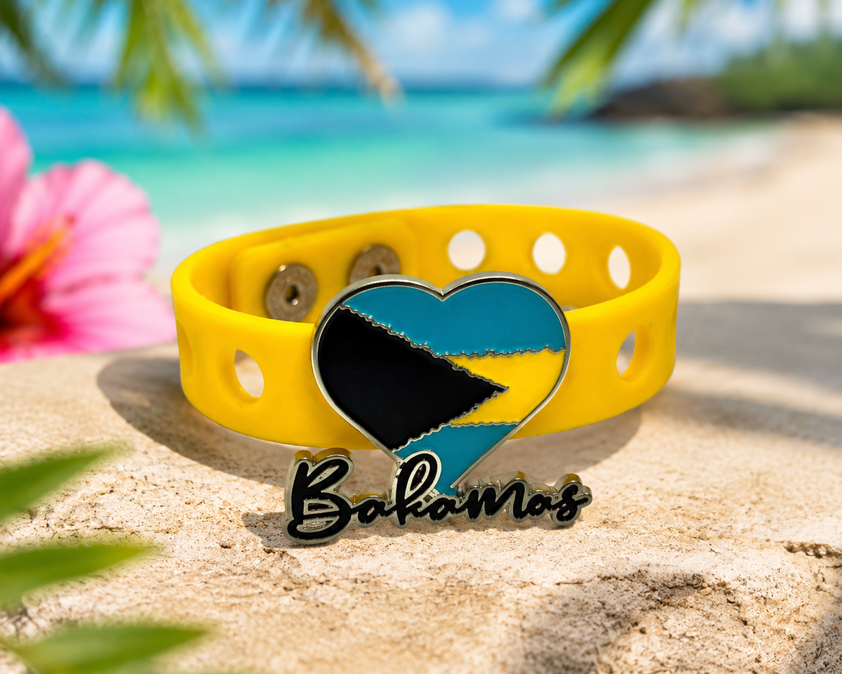🌴 Tropical Bahamas-inspired bracelet featuring a heart-shaped Bahamas flag charm and vibrant yellow silicone band. Lightweight, stylish, and perfect for island vibes every day.