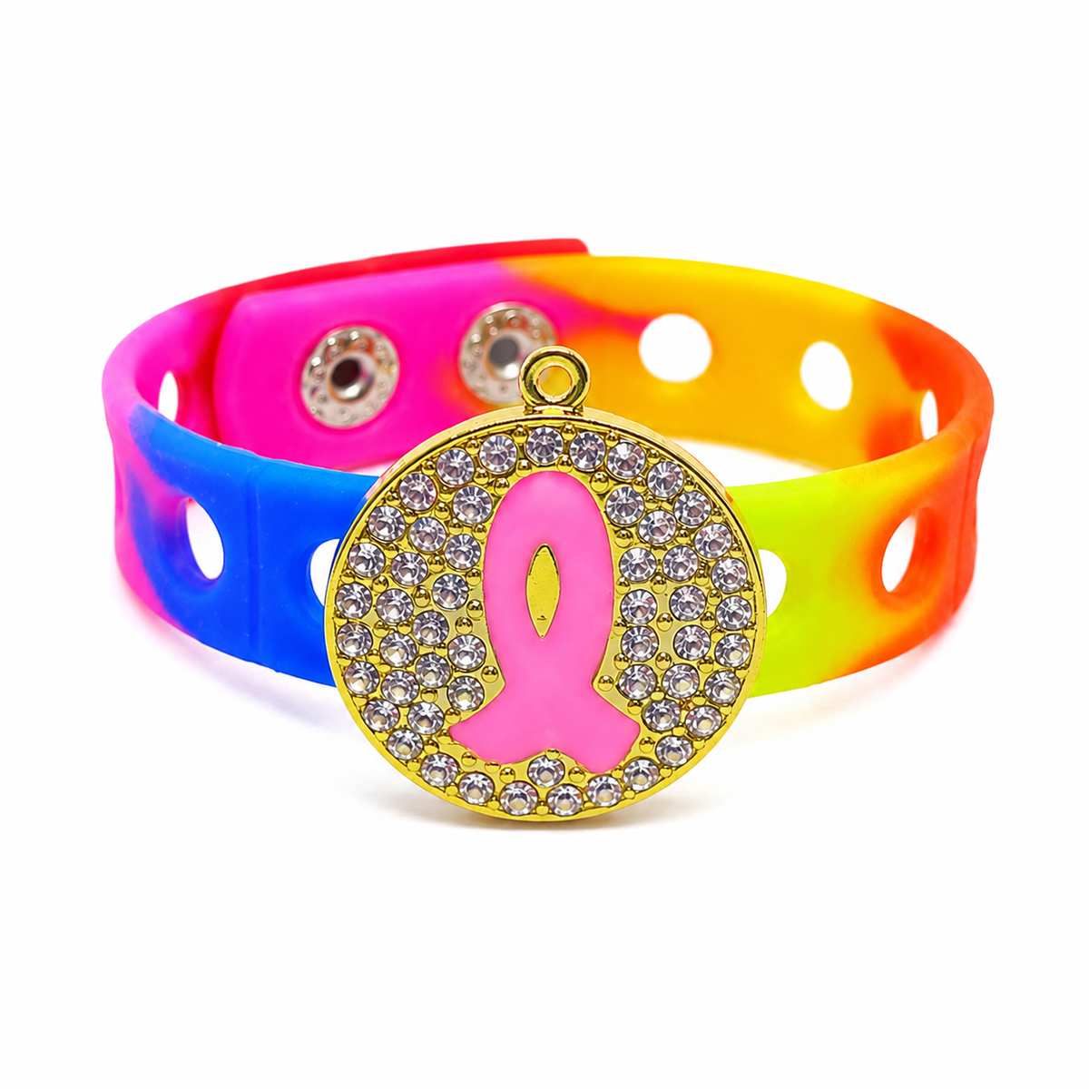 🎀 Vibrant breast cancer awareness bracelet featuring a sparkling pink ribbon charm on a colorful silicone band designed to inspire hope, strength, and support.