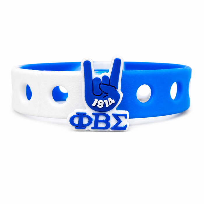 💙 Stylish blue-and-white ΦΒΣ-inspired silicone bracelet featuring a bold hand sign centerpiece. Perfect for Greek life gifts, probate season, and everyday brotherhood pride.