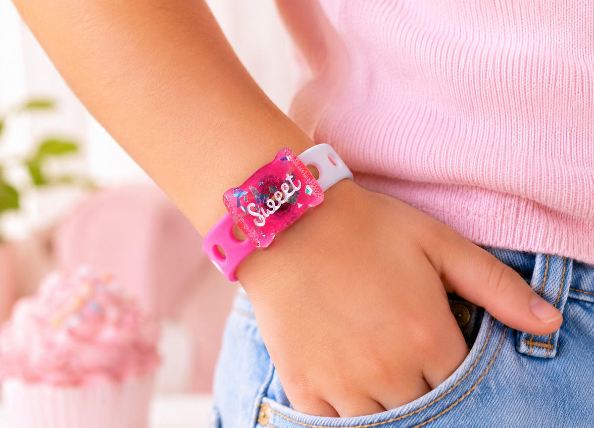 Add sparkle to your style with the Bubblegum Dreams Bracelet. Features a glitter-filled candy charm, pink and white adjustable band, and secure snap-lock closure.