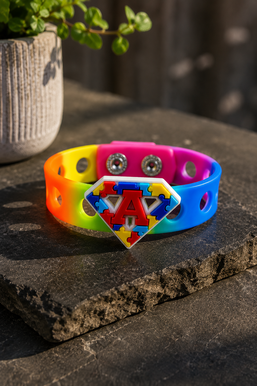 🌈 Bright autism awareness bracelet featuring a colorful puzzle superhero emblem and rainbow silicone band. Inspiring, fun, and perfect for everyday support and inclusion.