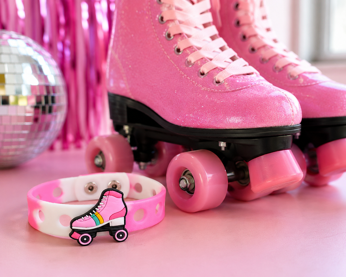 Fun roller skate charm bracelet with an adjustable band. Perfect for kids who love skating, colorful accessories, and playful everyday style.