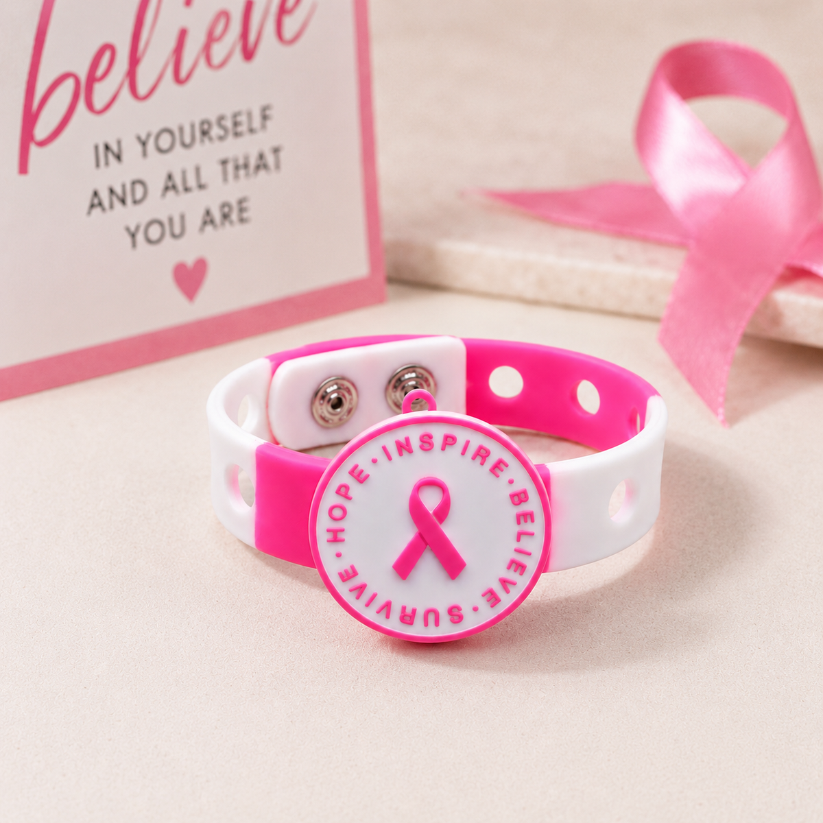 🎀 Inspirational breast cancer awareness bracelet featuring a pink ribbon charm and adjustable band. Perfect gift 🎁 for survivors and supporters.