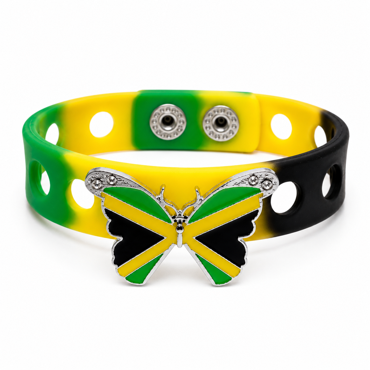 Jamaican-inspired butterfly bracelet featuring vibrant island colors and an adjustable silicone band. Perfect for everyday wear and tropical vibes.