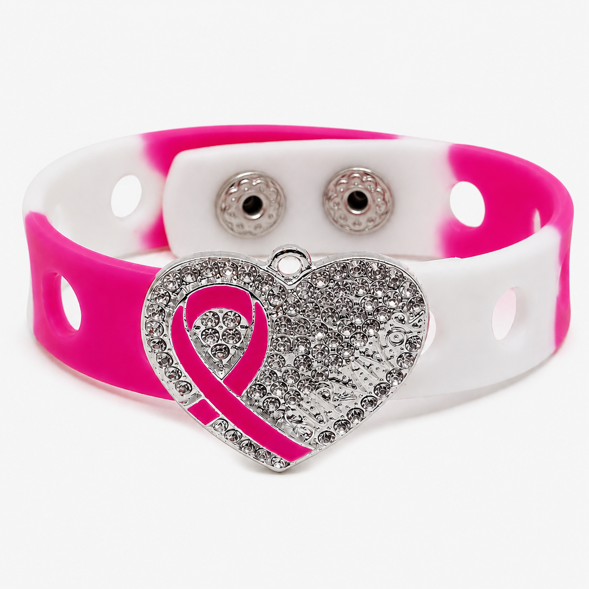 💖 Stylish awareness bracelet featuring a sparkling rhinestone heart charm and pink ribbon design on an adjustable silicone band. Inspiring, meaningful, and elegant.