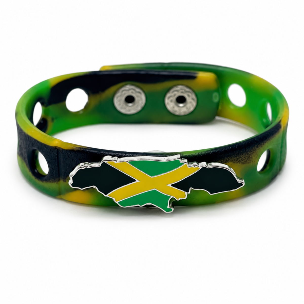 Celebrate Jamaican heritage with the One Love Legacy Bracelet. Featuring a Jamaica-shaped flag emblem and iconic island colors, this bracelet represents unity, culture, and pride.