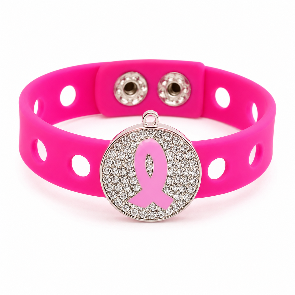 🎀 Stylish breast cancer awareness bracelet featuring a sparkling rhinestone ribbon charm and vibrant pink adjustable silicone band.