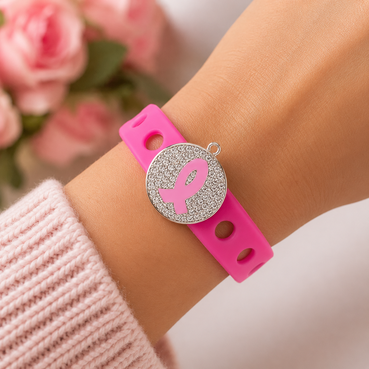 🎀 Stylish breast cancer awareness bracelet featuring a sparkling rhinestone ribbon charm and vibrant pink adjustable silicone band.