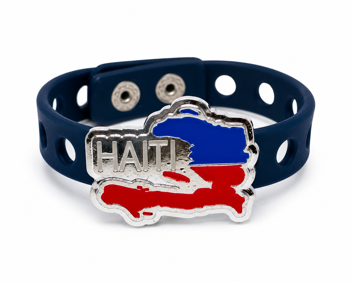 Stylish Haiti-inspired bracelet featuring a bold heritage charm and adjustable navy silicone band. Lightweight, meaningful, and perfect for everyday wear.