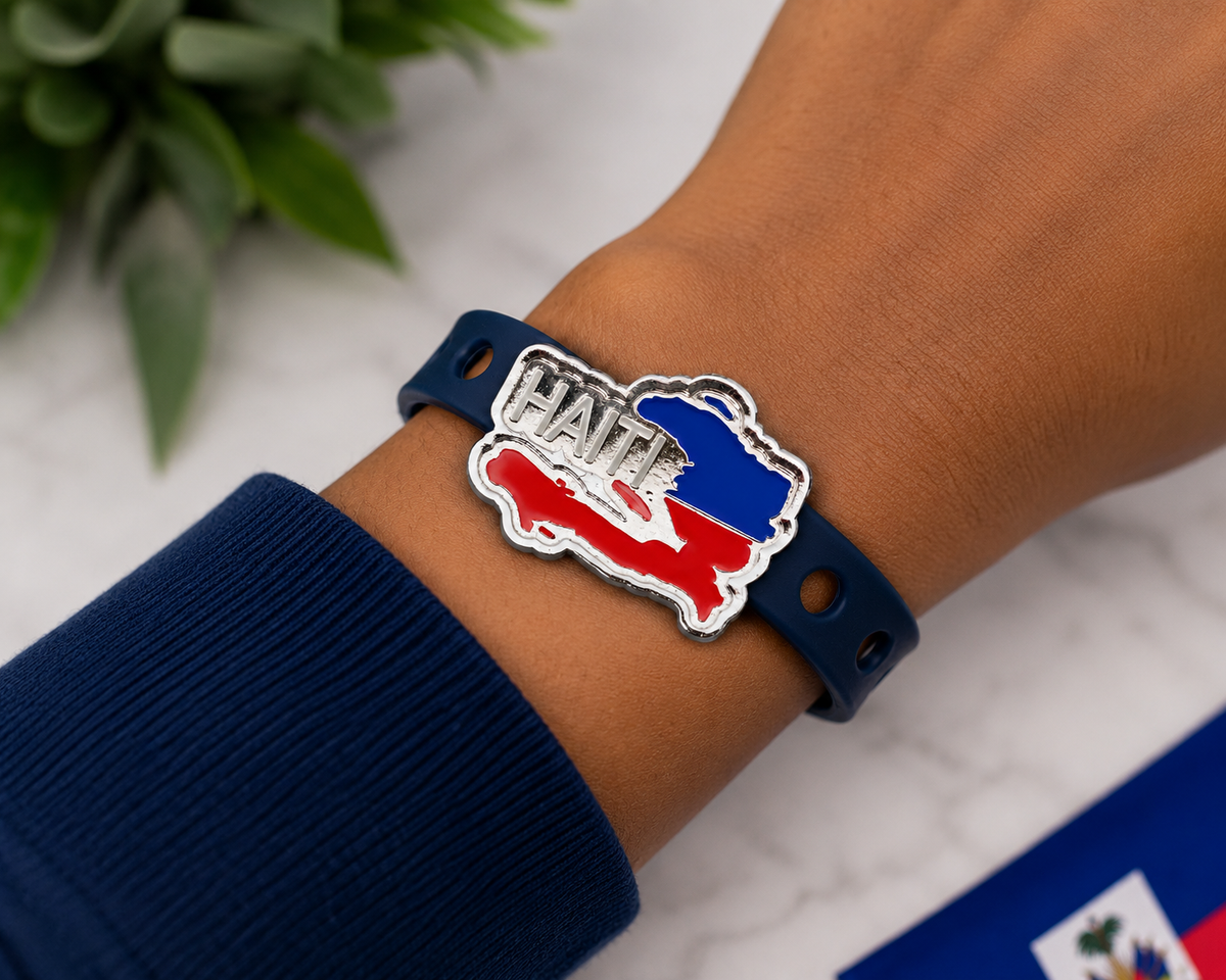 Stylish Haiti-inspired bracelet featuring a bold heritage charm and adjustable navy silicone band. Lightweight, meaningful, and perfect for everyday wear.