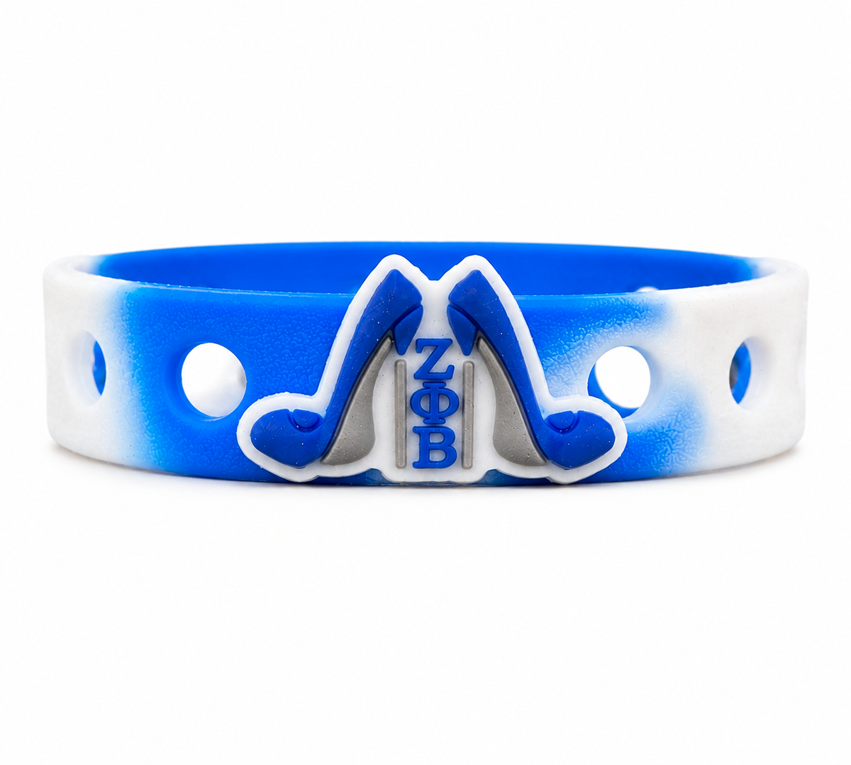 💙 Elegant blue-and-white sorority-inspired bracelet featuring a bold ΖΦΒ high heel centerpiece on a comfortable silicone band. Perfect for Greek life gifts and sisterhood pride.