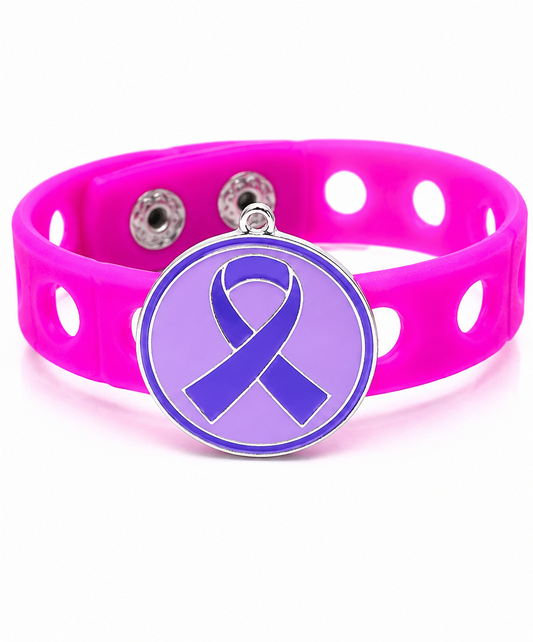 💜 Stylish pink silicone awareness bracelet featuring a purple ribbon charm. Lightweight, adjustable, and perfect for everyday inspiration and support.