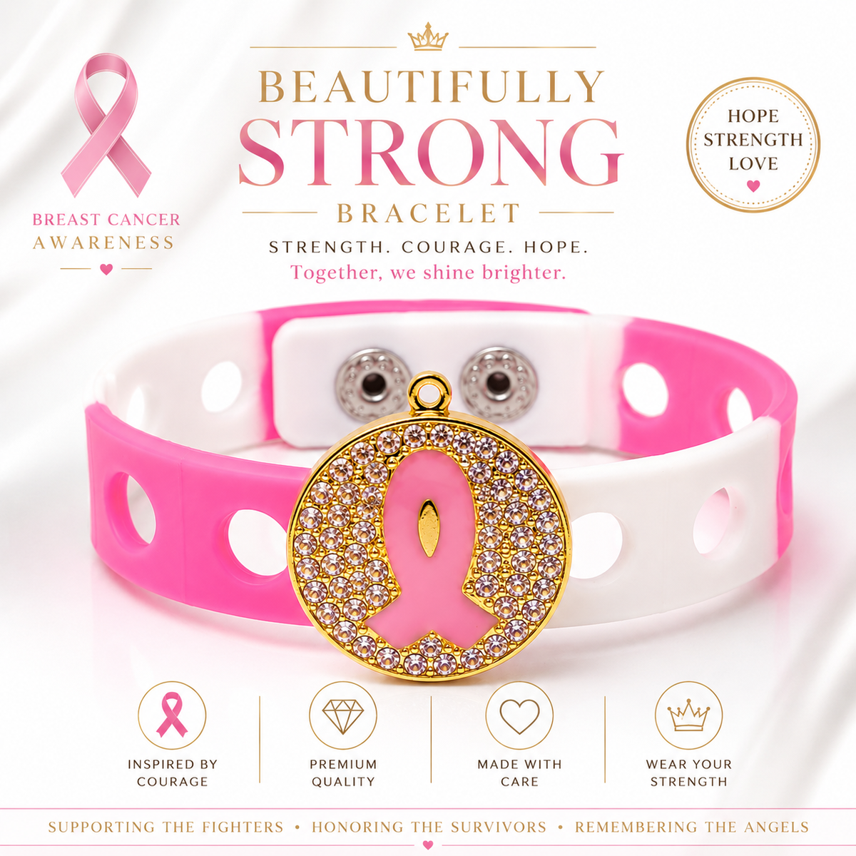 🎀 Elegant pink-and-white breast cancer awareness bracelet featuring a sparkling rhinestone ribbon charm designed to inspire hope, courage, and strength.