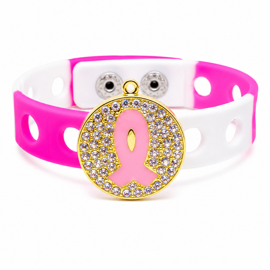 🎀 Elegant pink-and-white breast cancer awareness bracelet featuring a sparkling rhinestone ribbon charm designed to inspire hope, courage, and strength.