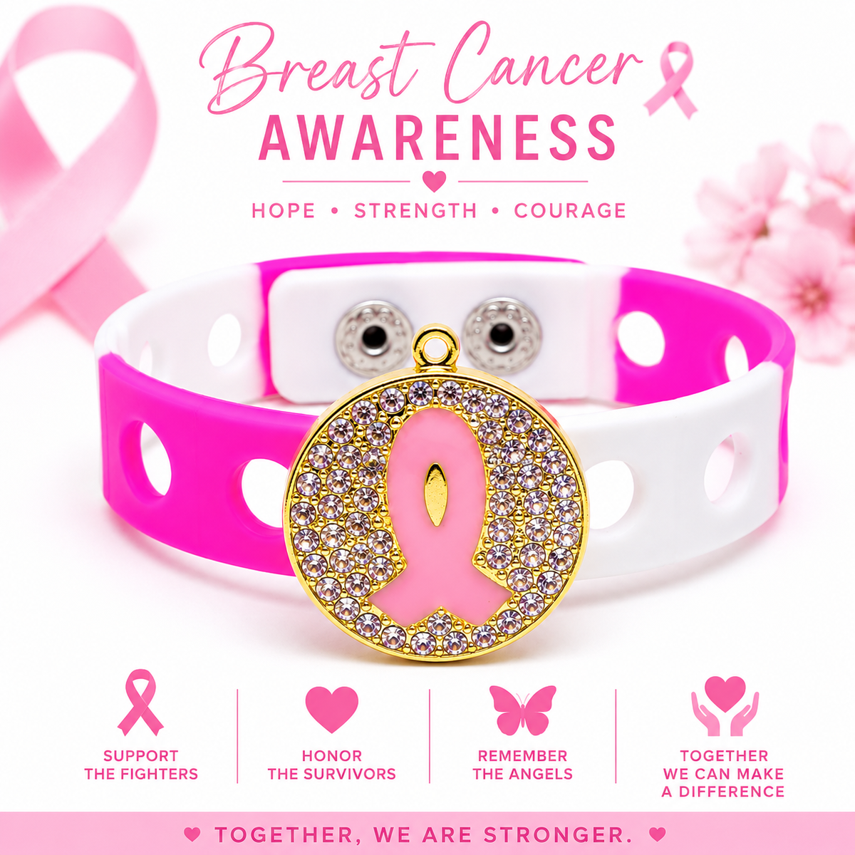 🎀 Elegant pink-and-white breast cancer awareness bracelet featuring a sparkling rhinestone ribbon charm designed to inspire hope, courage, and strength.