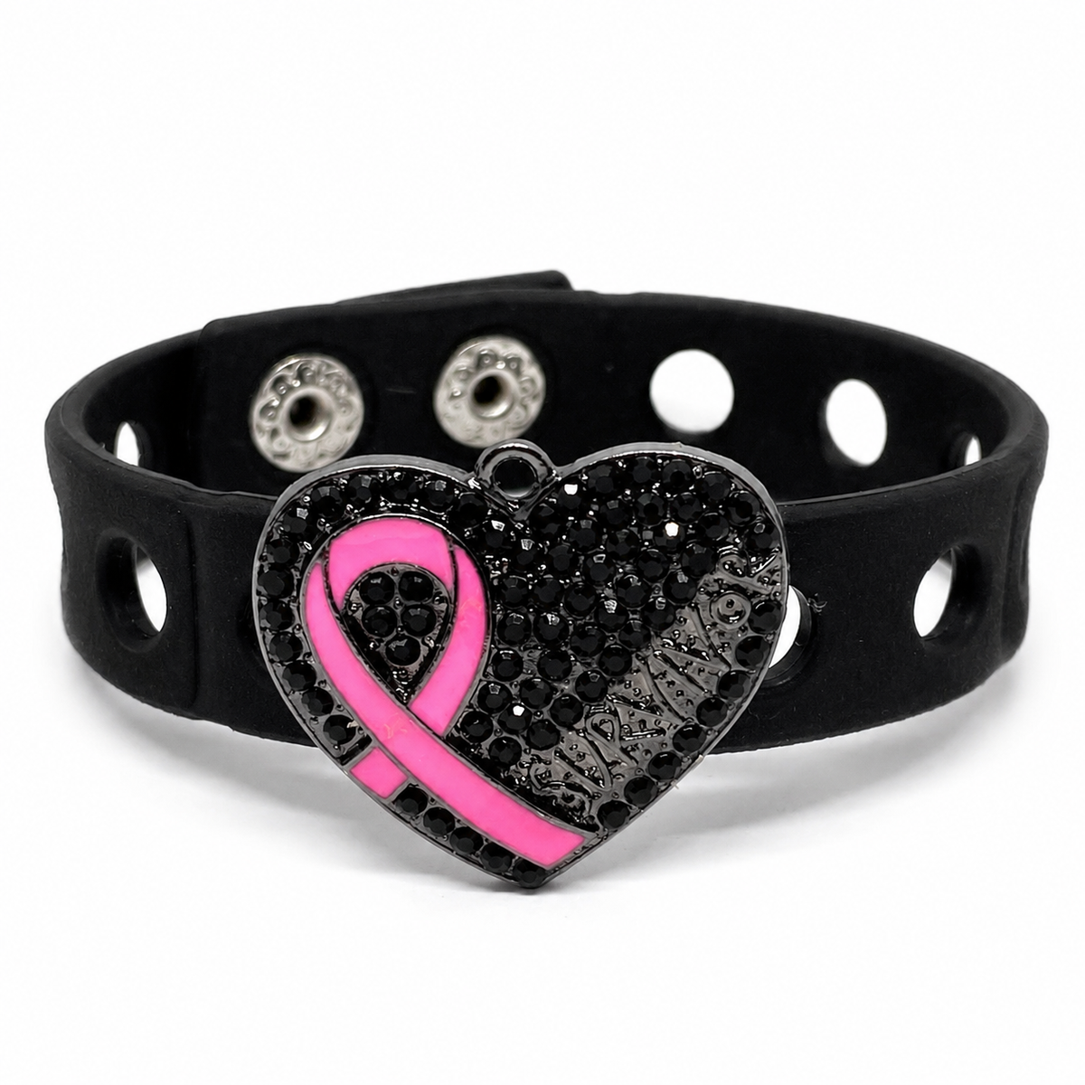 🖤 Elegant black awareness bracelet featuring a sparkling rhinestone heart charm and pink ribbon design. Stylish, meaningful, and perfect for everyday support and inspiration.