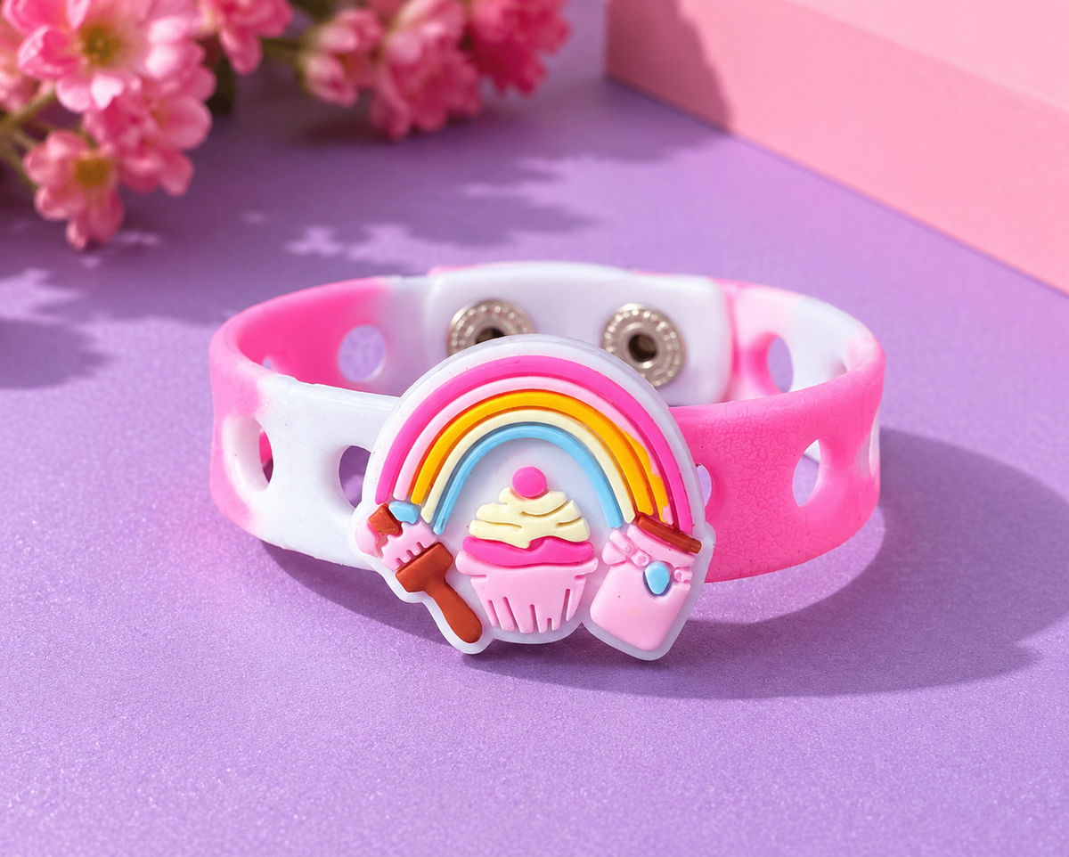 🍭 Sweet rainbow and cupcake charm bracelet with an adjustable band. Perfect for birthdays, gifts, party favors, and everyday fun.
