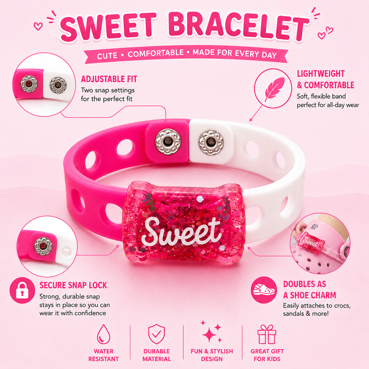 Shop the Sweet Candy Charm Bracelet. A fun, colorful pink bracelet perfect for stacking and everyday style. Only $6.99. Limited drop.