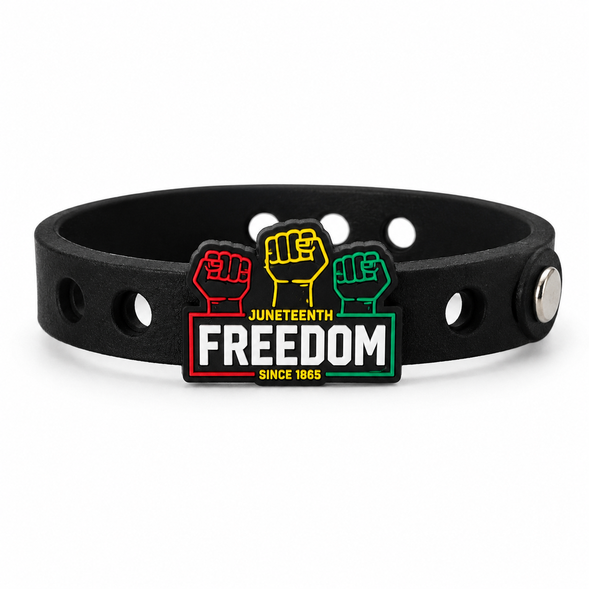 🖤 Bold Juneteenth-inspired bracelet featuring raised fist symbols and “Freedom Since 1865” on a sleek black silicone band celebrating heritage, unity, and Black excellence.