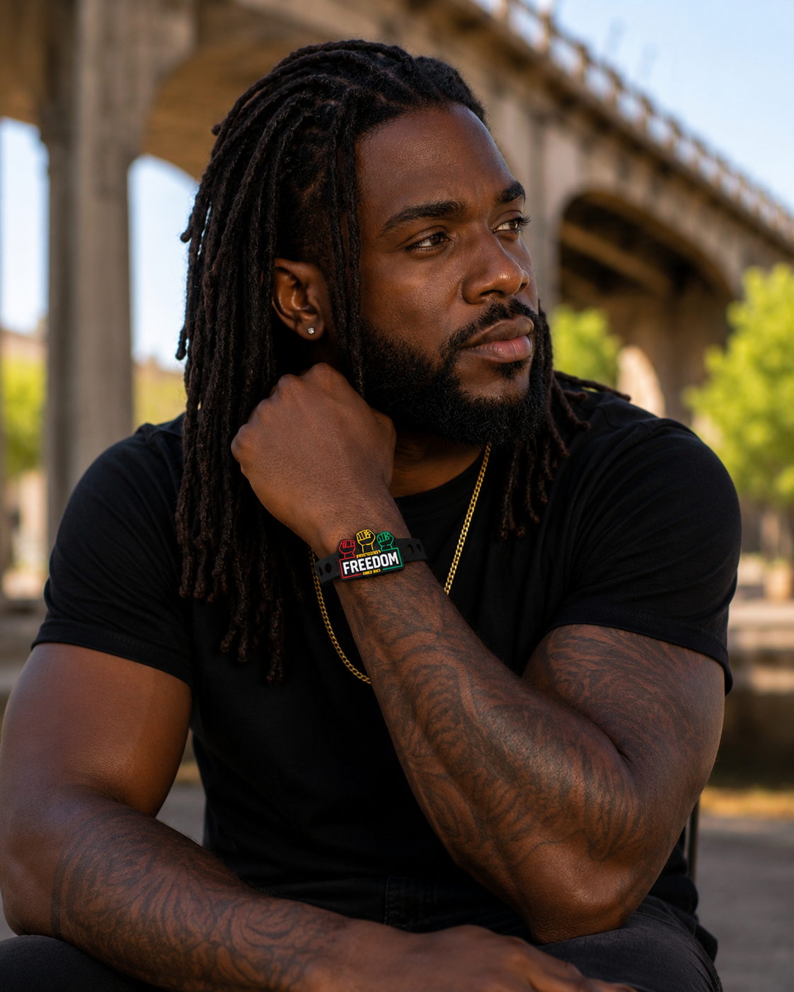 🖤 Bold Juneteenth-inspired bracelet featuring raised fist symbols and “Freedom Since 1865” on a sleek black silicone band celebrating heritage, unity, and Black excellence.
